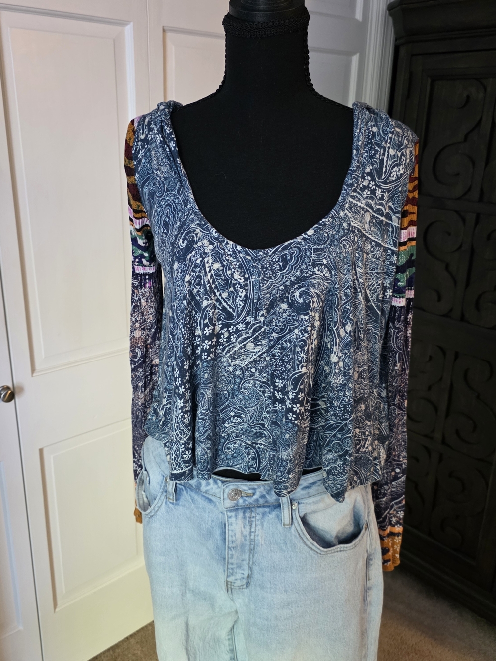 FP Movement by Free People Blue Paisley Scoop-Neck Long Sleeve Top
